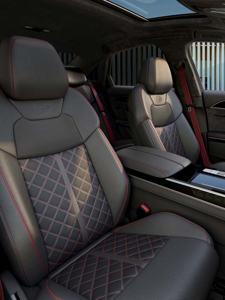 Interior view of the S8 with red decorative stitching on the seats and red details 